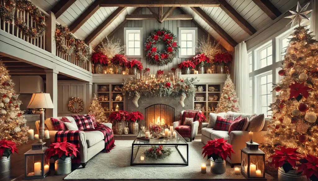 Festive Charm with Poinsettia Wall Art: A Cozy Christmas Farmhouse Living Room