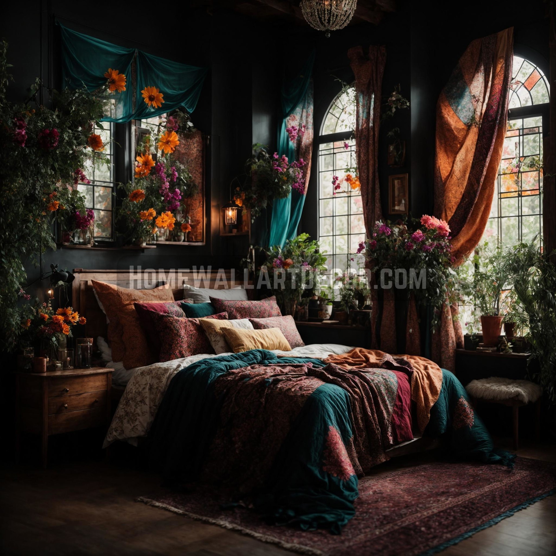 Dark Bohemian Bedroom with Glass Wall Art