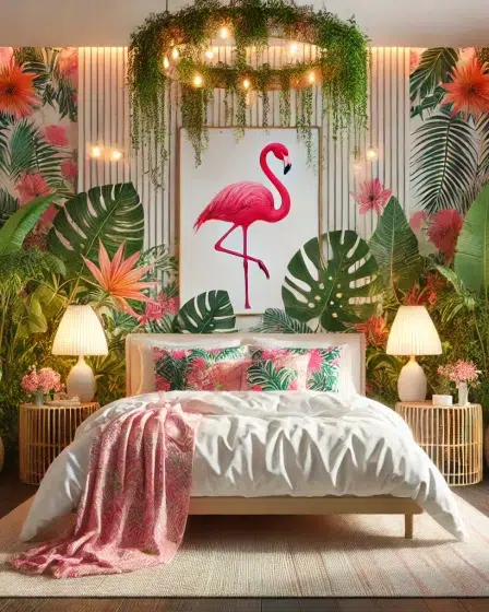 Bold Whimsical Bedroom featuring Bright Pink Flamingo Wall Decorations