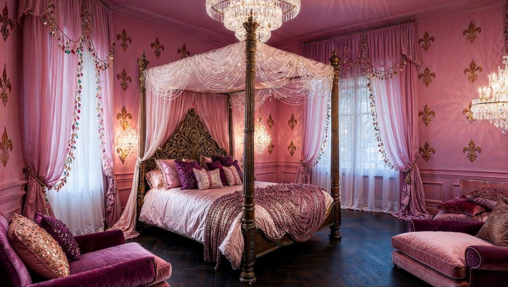 Dreamy Blush Pink Bohemian Bedroom Featuring Fleur-De-Lis Wall Decorations