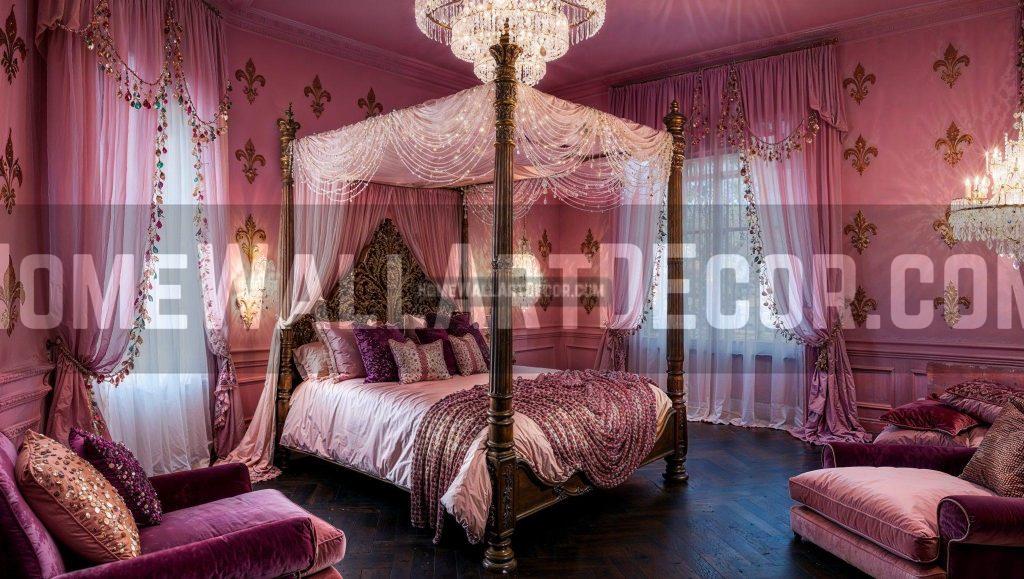 Dreamy Blush Pink Bohemian Bedroom Featuring Fleur-De-Lis Wall Decorations