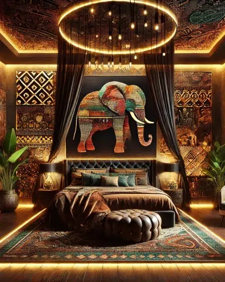 Ultra Luxurious African Themed Bedroom featuring Elephant Wall Decor