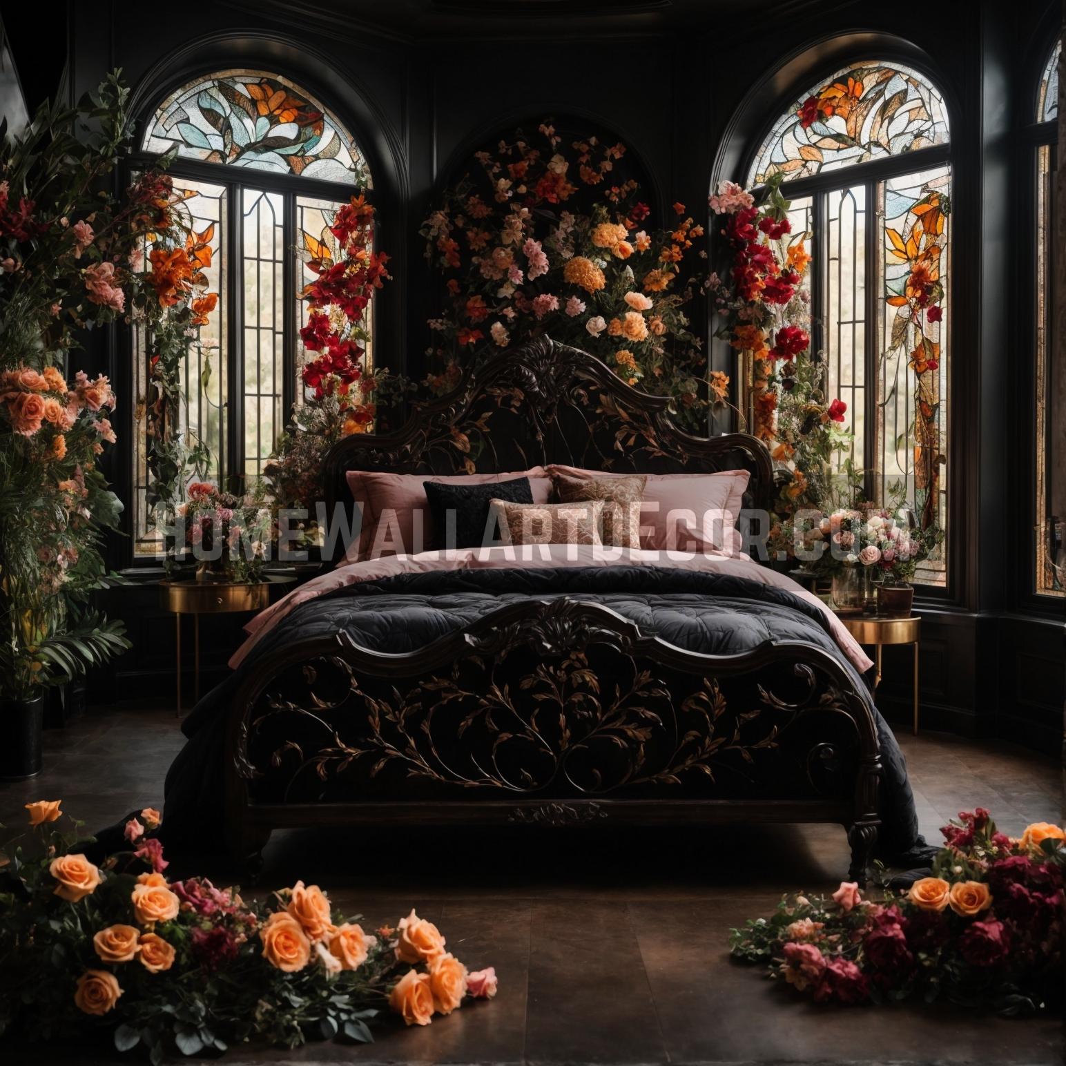 Dark Stained Glass Floral Bedroom