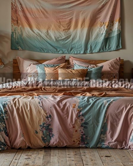 Beautiful Pastel Bohemian Bedroom Featuring Tie-Dye Wall Decorations