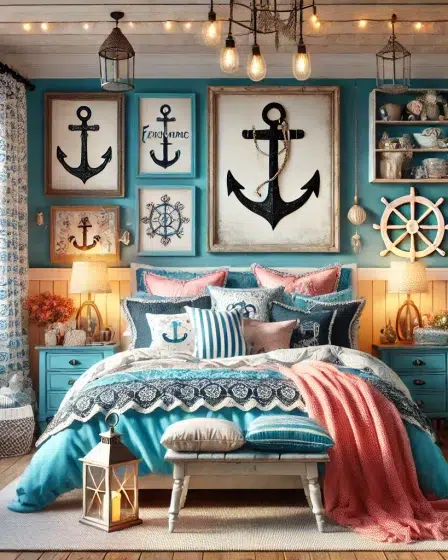Feminine Blue bedroom Featuring Nautical Wall Decorations