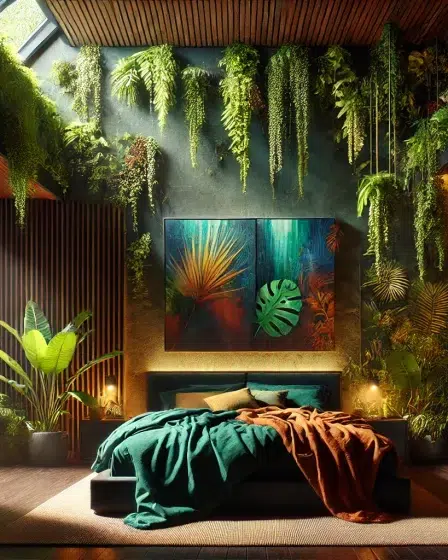 Moody Nature Themed Rainforest Bedroom Featuring Colorful Contemporary Wall Decorations