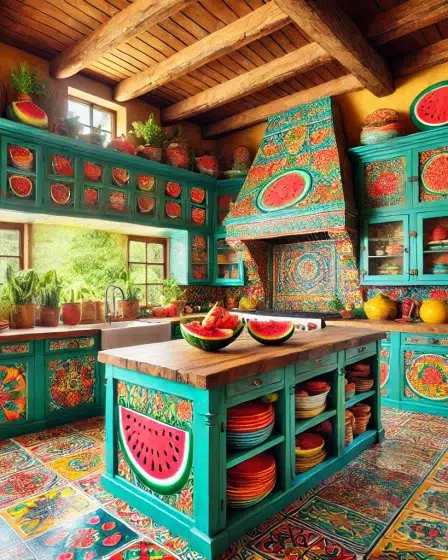 Vibrant Mexican Farmhouse Kitchen Featuring Watermelon Wall Decorations and a Fun Vibe