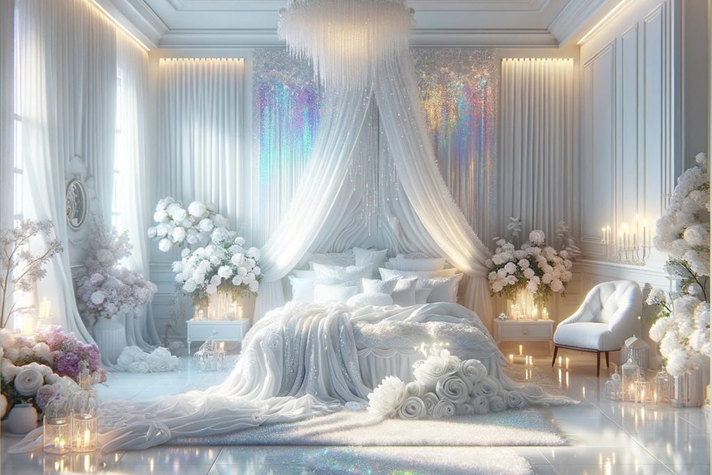 Pristine White Rose-Themed Master Bedroom: A Dreamy Oasis of Elegance