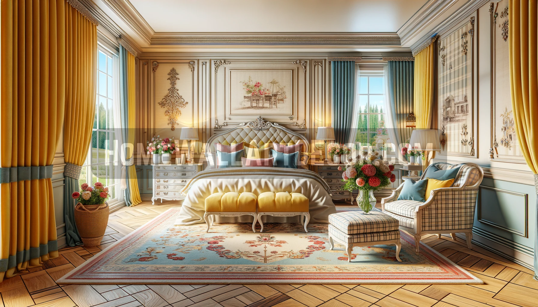 Sunlit Serenade: A Luxurious French Country Bedroom in Pastel Yellow Hues