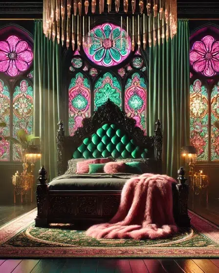 Visualize an opulent gothic-inspired bedroom bathed in cinematic lighting. The centerpiece is an intricately carved black wooden bed with a deep emerald green tufted headboard, draped in a plush pink fur throw and layered with soft velvet pillows in shades of blush and forest green. Towering, arched stained-glass windows dominate the background, their intricate floral designs glowing in rich hues of magenta, emerald, and amber as soft daylight filters through. The lighting creates dramatic contrasts, with shafts of colored light spilling across dark, polished wooden floors and reflecting off the bronze planters housing lush, oversized tropical plants. A grand, antique crystal chandelier with golden accents hangs from a high, matte black ceiling, casting a warm, diffused glow that enhances the richness of the textures and colors. The atmosphere is further intensified by subtle highlights and shadows on the ornate side tables, the delicate patterns of the Persian-style rug in deep jewel tones, and the satin drapes that cascade from a canopy above the bed, completing this luxurious, cinematic gothic haven.