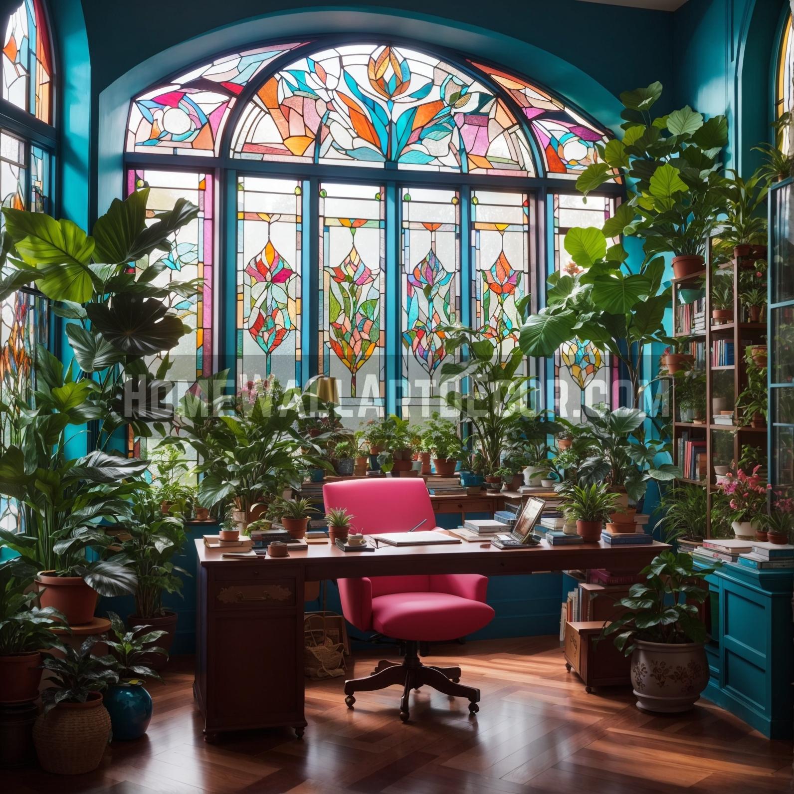 Whimsical Workspace: Stained Glass Decorating Ideas for the Office As we step into the office, an orchestra of colors cascades through the stunning stained glass windows, casting an enchanting spell over the space. This room is where creativity knows no bounds; where ideas are born and nurtured amidst an explosion of chromatic splendor. The stained glass wall decorations are an ode to the ingenuity of human craft. These windows rise high, with splendid arches showcasing a kaleidoscope of geometric patterns that are reminiscent of blooming flowers. A vivid mélange of cerulean, crimson, amber, and emerald shards of glass are harmoniously pieced together in an elegant dance that seems to whisper stories of old-world charm and contemporary chic. The turquoise walls echo the serenity of the sea, serving as a canvas for the delicate play of light and shadow orchestrated by the stained glass wall art. A rich emerald green gracefully outlines the window panes, drawing a respectful curtain to nature’s performance. Indoor plants, with their verdant leaves, seem to reach out to their kin etched in the stained glass. Their foliage creates an indoor garden that breathes life into the room. The presence of nature is palpable; it whispers in the air and resonates with every thought. A polished wooden desk occupies the heart of the room. It’s here that dreams take form. A rosy-hued chair, as lively as a spring blossom, invites you to take a seat. This is a throne for the mind, where ideas reign supreme. The desk is surrounded by shelves adorned with books, potted greens, and curious keepsakes - tokens of a mind well-traveled. As you glance at the stained glass, it's evident that they serve not just as windows, but as ever-changing paintings. With the sky as the artist, the patterns and colors evolve throughout the day, ensuring that no two moments are ever quite the same. And so, with a heart filled with inspiration drawn from the harmonious embrace of art and nature, we bid adieu to this charming nook. The stained glass has been a muse, a guide through a world where dreams materialize and ideas blossom. As we transition through the chapters of stained glass interior decorating ideas, let us now venture into a realm where pragmatism meets sophistication – the realm of the Stained Glass Office. Here, ambition and imagination shake hands, and the stained glass bears witness to it all. Our journey of exploration continues, and the stained glass holds the quill that pens this enchanting tale.