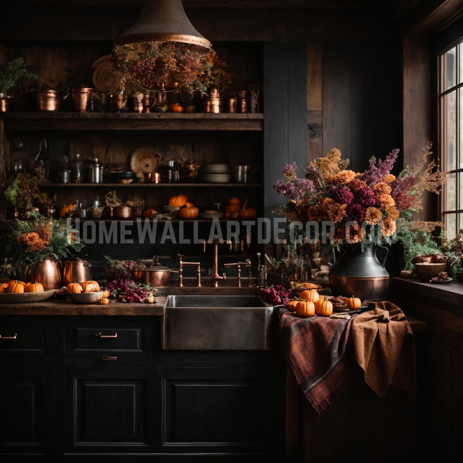 A Culinary Haven in Autumn: Infusing Kitchens with Fall Wall Decor and Artisanal Charm The kitchen is the heart of the home, and as the seasons change, this space too deserves a touch of Fall’s magic. Envision your kitchen not just as a place to cook, but a space that celebrates life, family, and the bounty that Fall brings. In this section, let’s discuss how to craft an artisanal space adorned with Fall wall decor and Autumn wall art that’s brimming with warmth and charm. Fall Wall Decor: A Rich Palette The walls are the canvas on which we paint our vision. The rich, dark wooden walls in the image evoke a sense of warmth and intimacy, reminiscent of the cozy spirit of Fall. Copper kitchenware hanging against the wall not only is practical but introduces the gleaming hues of fallen leaves. Shelving adorned with pumpkins and other seasonal produce further enhances the Fall theme. Autumn Wall Art: Rustic and Timeless Though this kitchen in the image doesn’t showcase wall art, introducing Autumn wall art can elevate the space. Consider rustic pieces that reflect the harvest season - perhaps a painting of a bountiful orchard or an old barn surrounded by Fall foliage. You could even create a collage of vintage recipe cards that reflect the season's produce. Natural Elements and Texture Bring in elements of nature. The floral arrangement in the image, with its deep purples and oranges, is a natural piece of art. Wooden bowls filled with apples, or a basket of fresh bread, invoke the harvest season. Copper: The Metal of the Season Copper is to Fall what silver is to Winter. The copper pots and pans in the image add a glow that is earthy and warm. It’s not just beautiful but a nod to the kitchen’s purpose. Lighting: A Golden Embrace The hanging light fixture in the image is reminiscent of a wreath, one of Fall’s quintessential decor items. Lighting in a kitchen needs to be functional, but that doesn’t mean it can’t be beautiful. A chandelier that casts a warm, golden light can be the crown jewel of your kitchen decor.