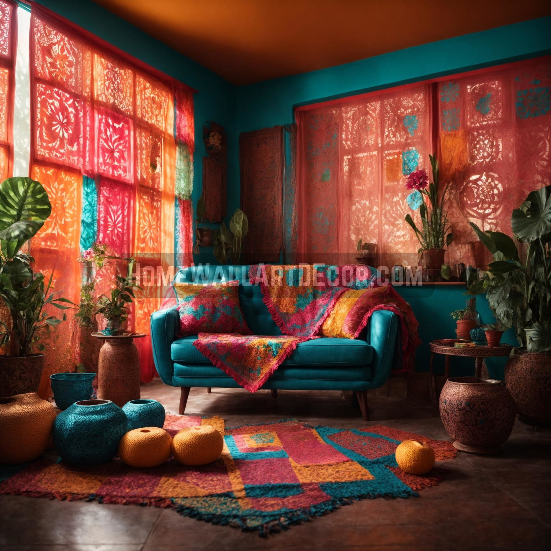 Vibrant Reverie: A Living Room adorned with Christmas Interior Decorating Ideas and Papel Picado