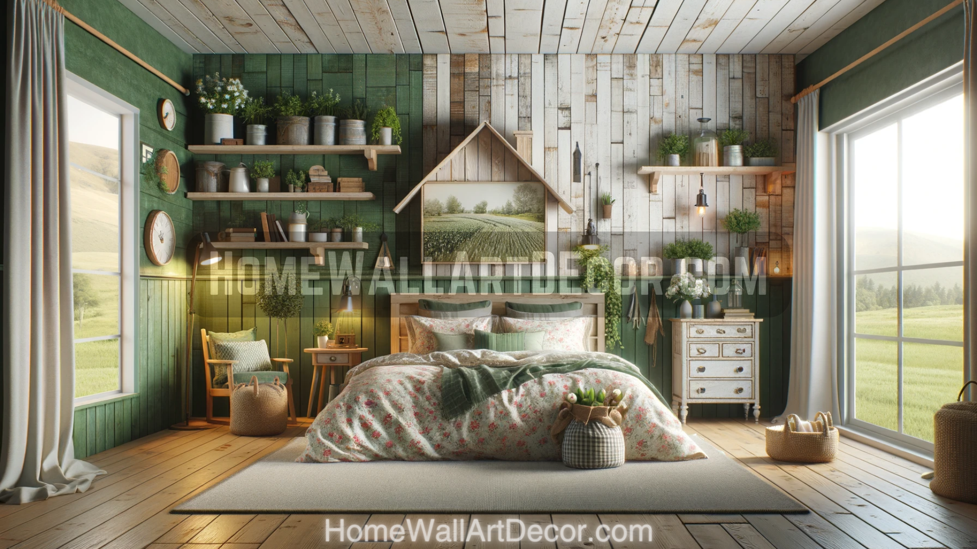 Serene Green Country Bliss: Farmhouse Bedroom Interior Decorating Idea