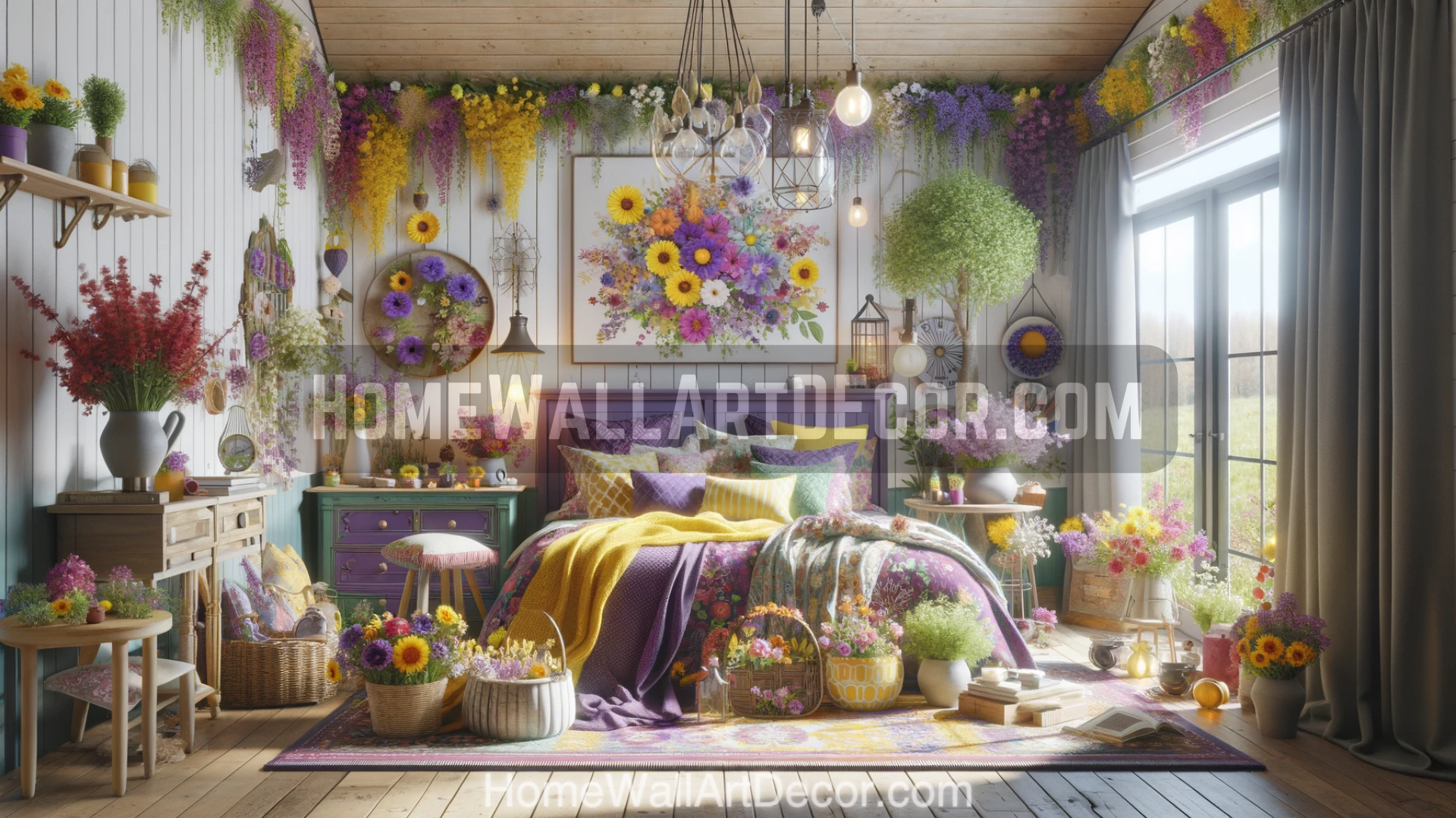 Spring Floral Farmhouse Bedroom Interior Decorating Idea