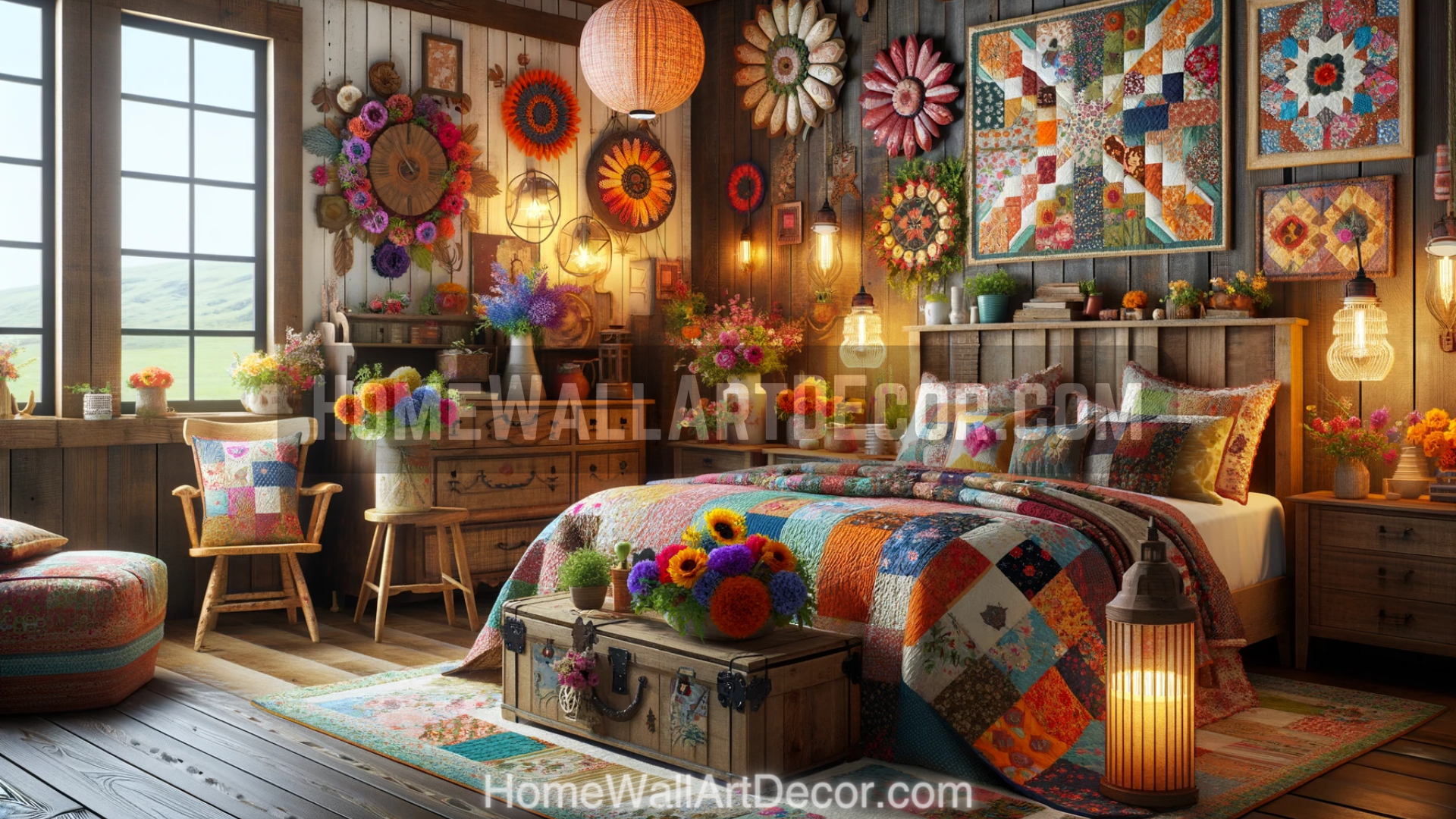 Rustic Country Patchwork Farmhouse Bedroom Interior Decorating Idea