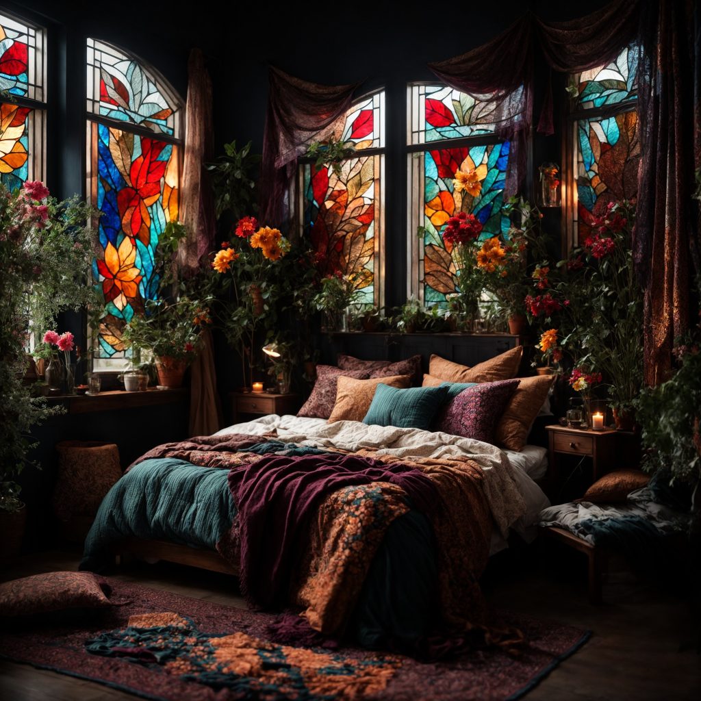 Enchanted Repose: A Bohemian Dreamscape Wrapped in Stained Glass and Earth Tones