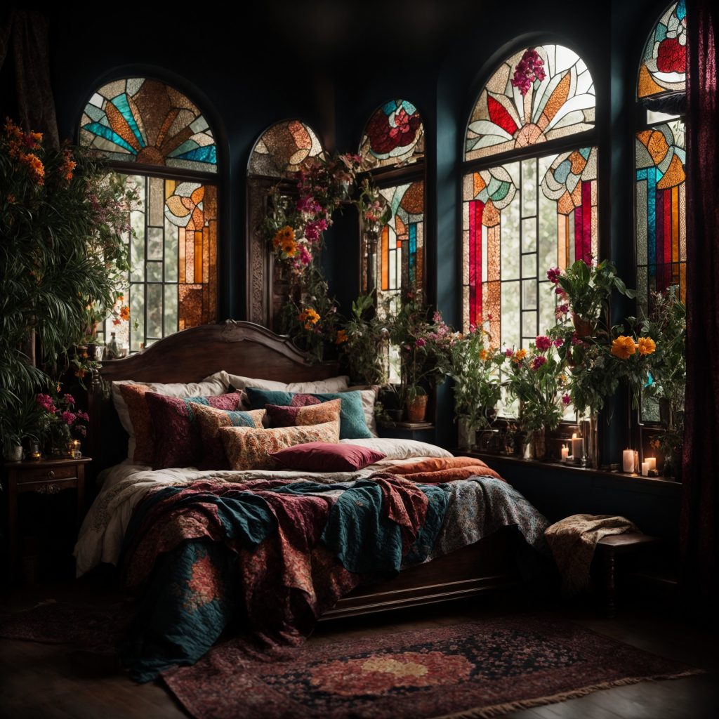 Sanctuary of Serenity: A Bohemian Nook of Stained Glass and Floral Whispers