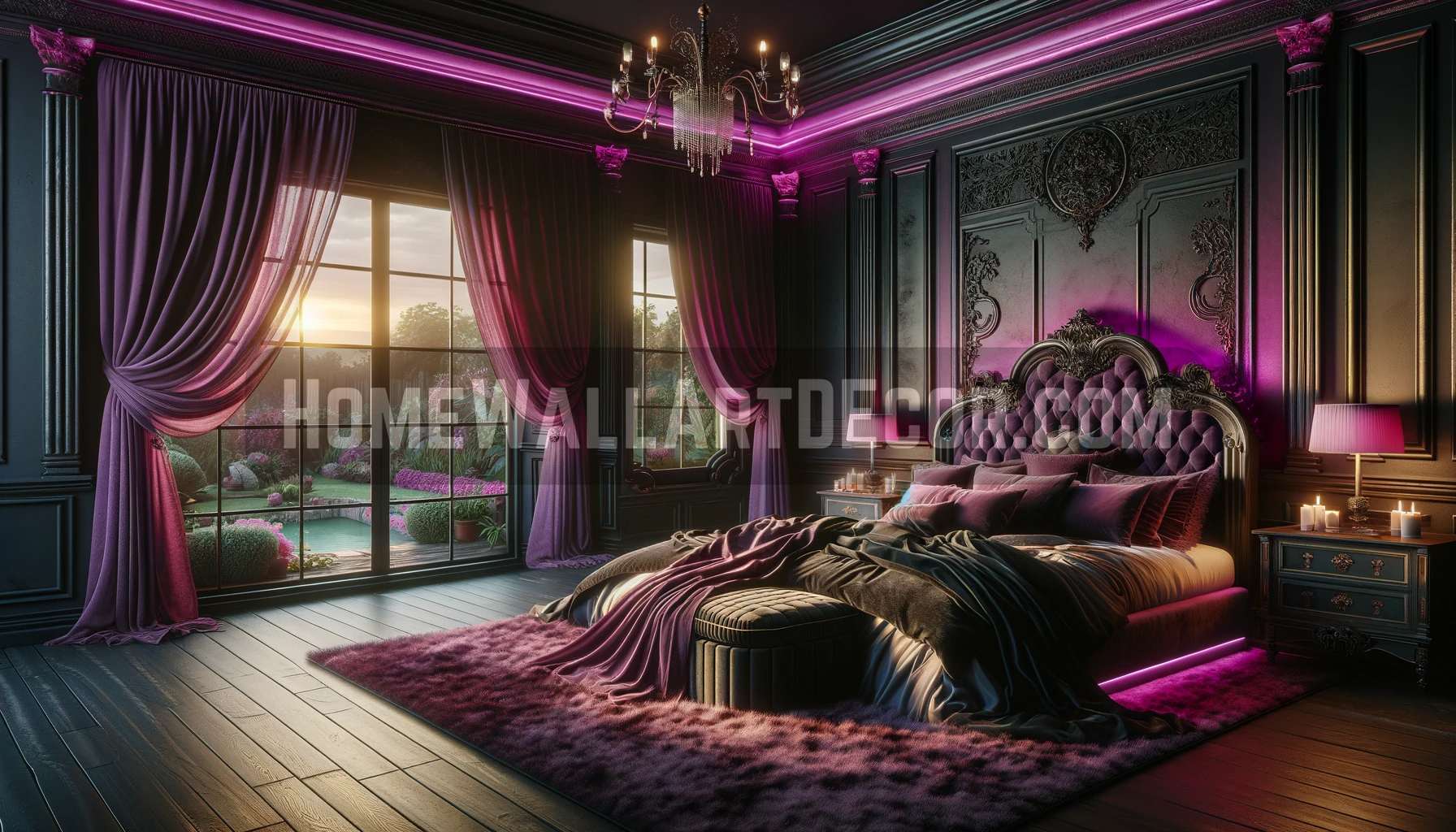 Purple Dark Moody Romantic Bedroom with a Nature Garden View