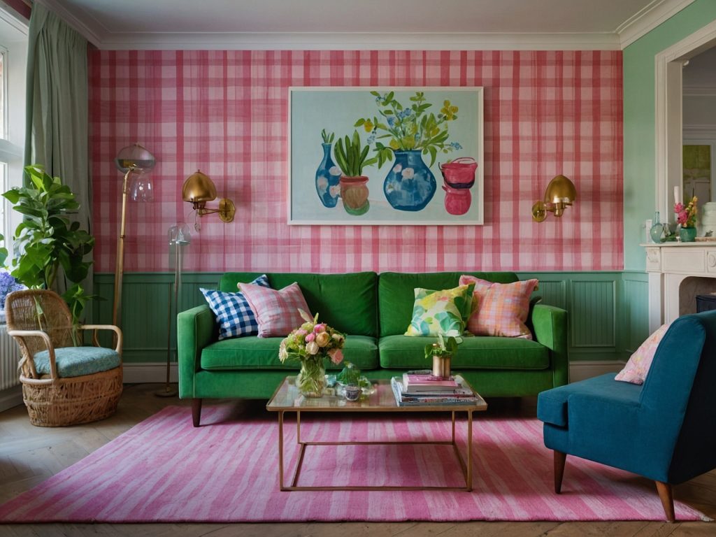Pink and Green Scandinavian Country Farmhouse Interior Design Idea