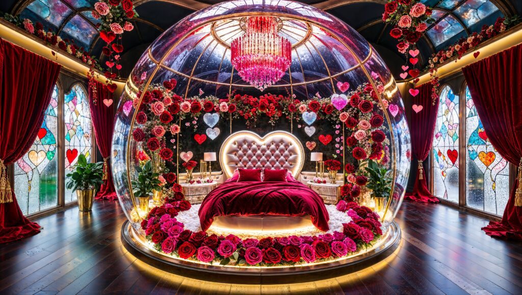Romantic Valentines Day Fantasy Bedroom with Heart Shaped Bed and Roses