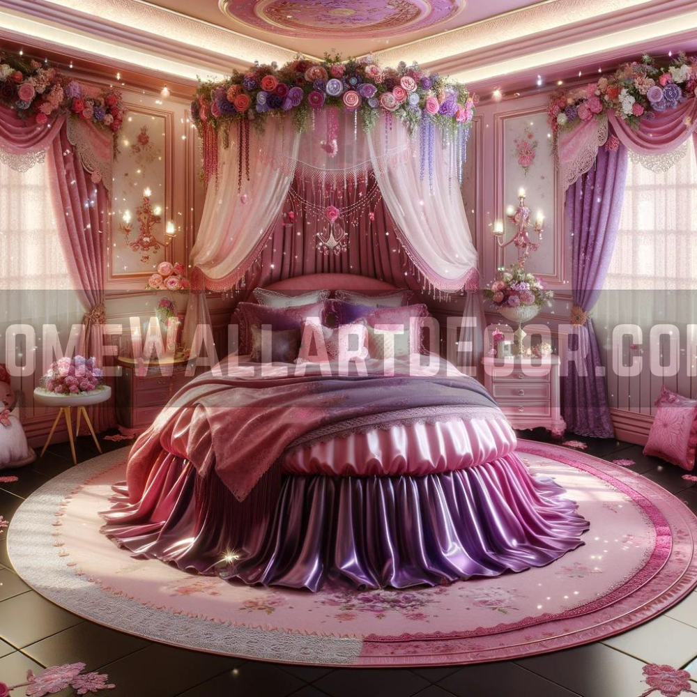 Dreamy Romantic Bedroom with Elegant Round Bed in Pink and Purple