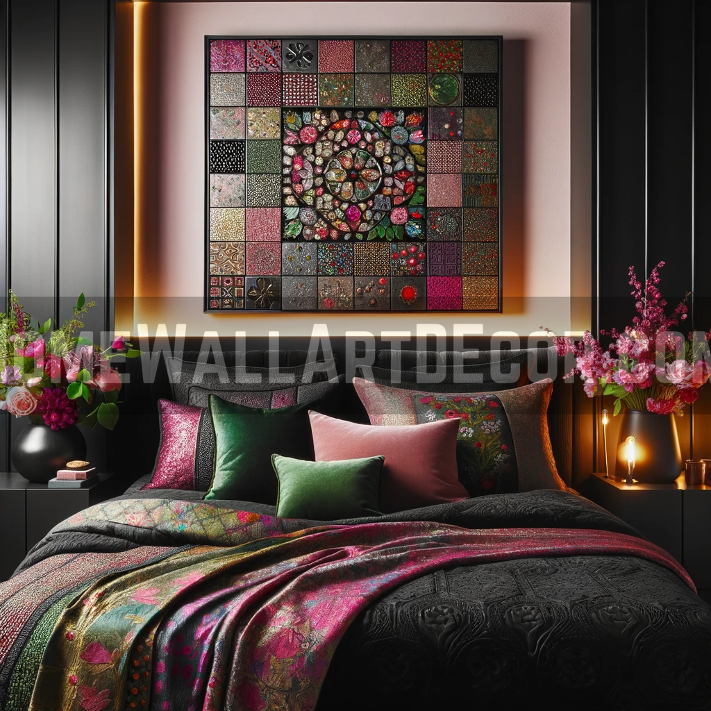 Sophisticated elegant bedroom featuring pink wall art