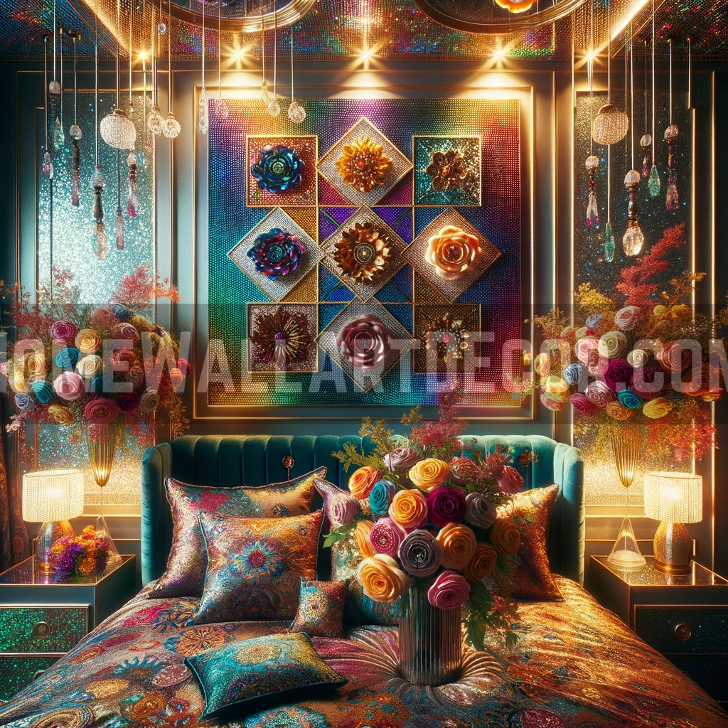 colorful bedroom featuring metal wall art