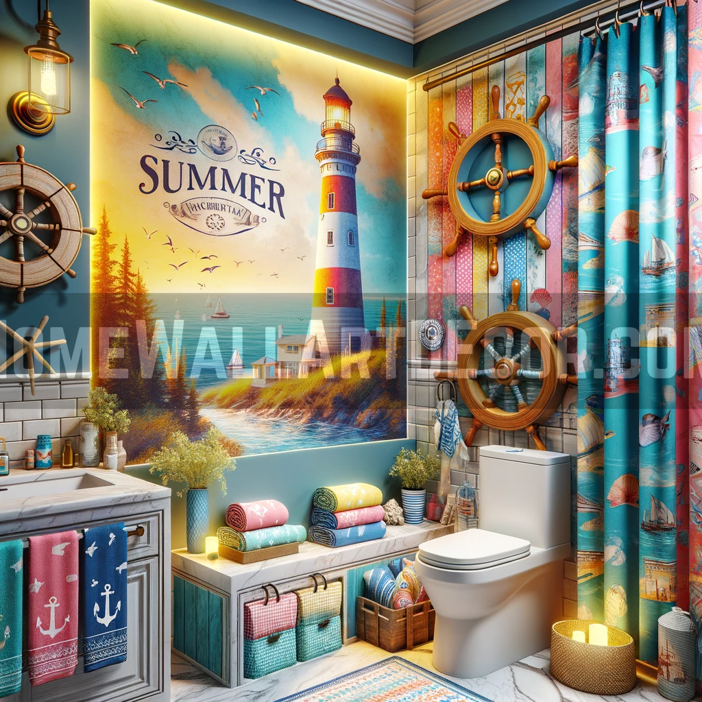 Nautical summer bathroom featuring summer wall art