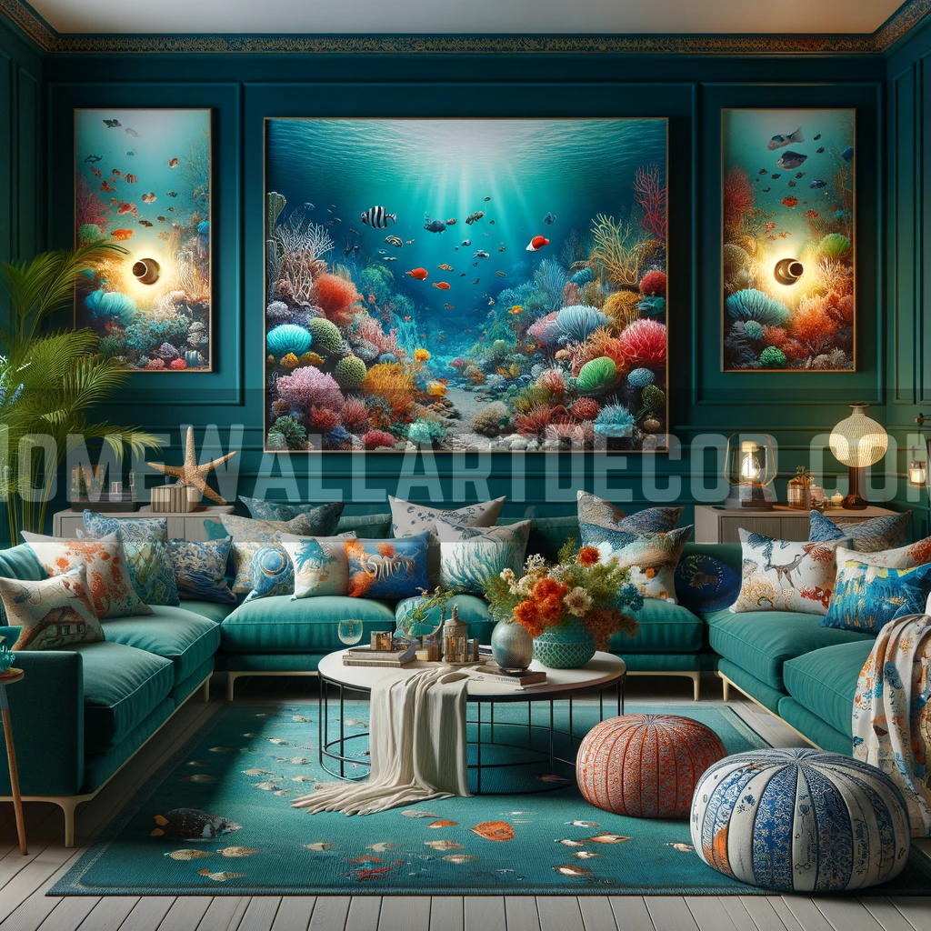 Blue themed living Room Featuring Blue Wall Art