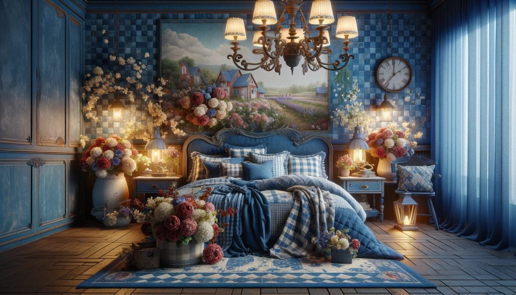 Beautiful Blue Farmhouse Bedroom featuring Blue Wall Art