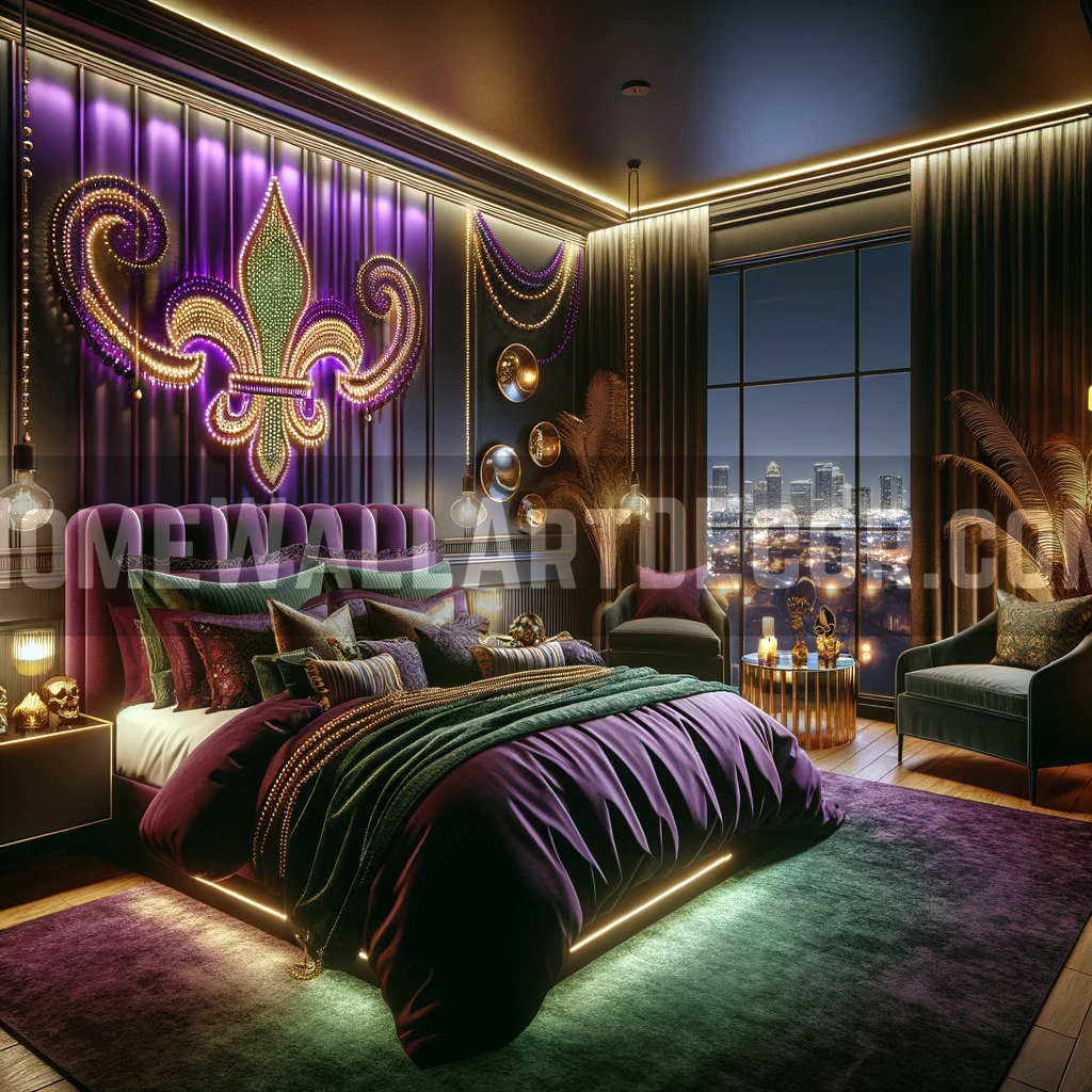 Elegant Purple Wall Art in a Mardi Gras Themed Bedroom