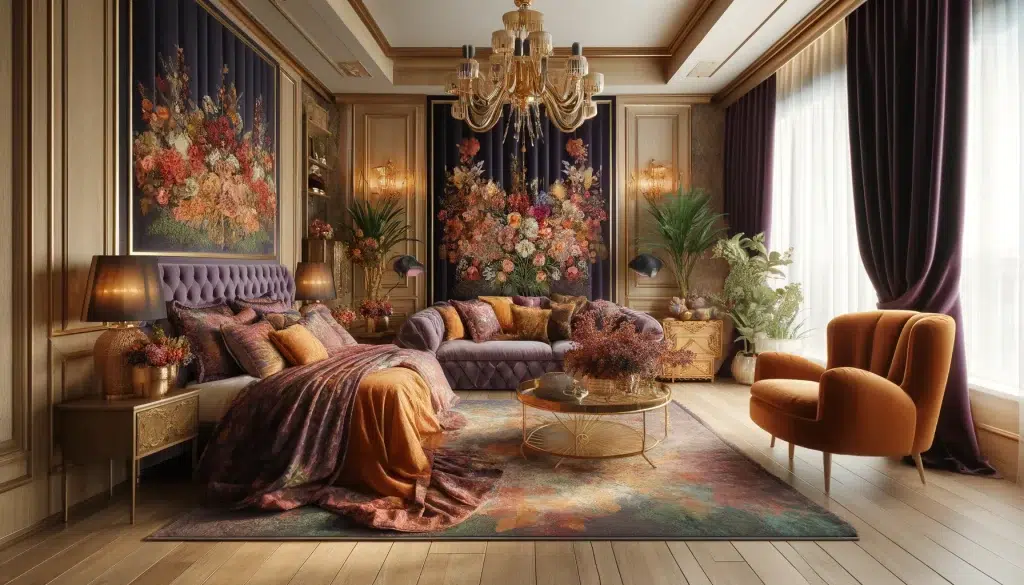 Modern floral fall bedroom interior design idea featuring fall floral wall art