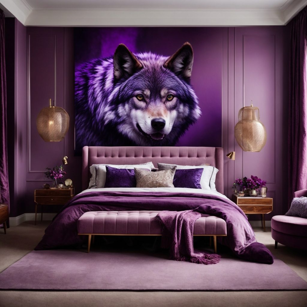 Hypnotic Wolf themed Bedroom featuring Purple Wall Art