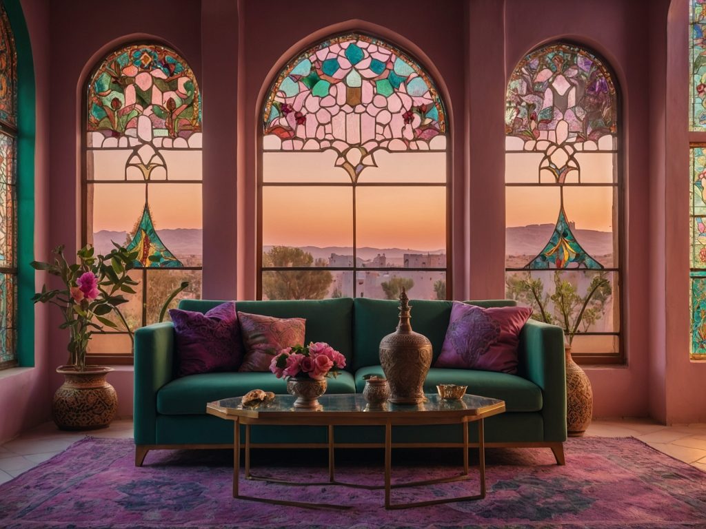 Dreamy Pastel Pink Living Room with Stained Glass Windows
