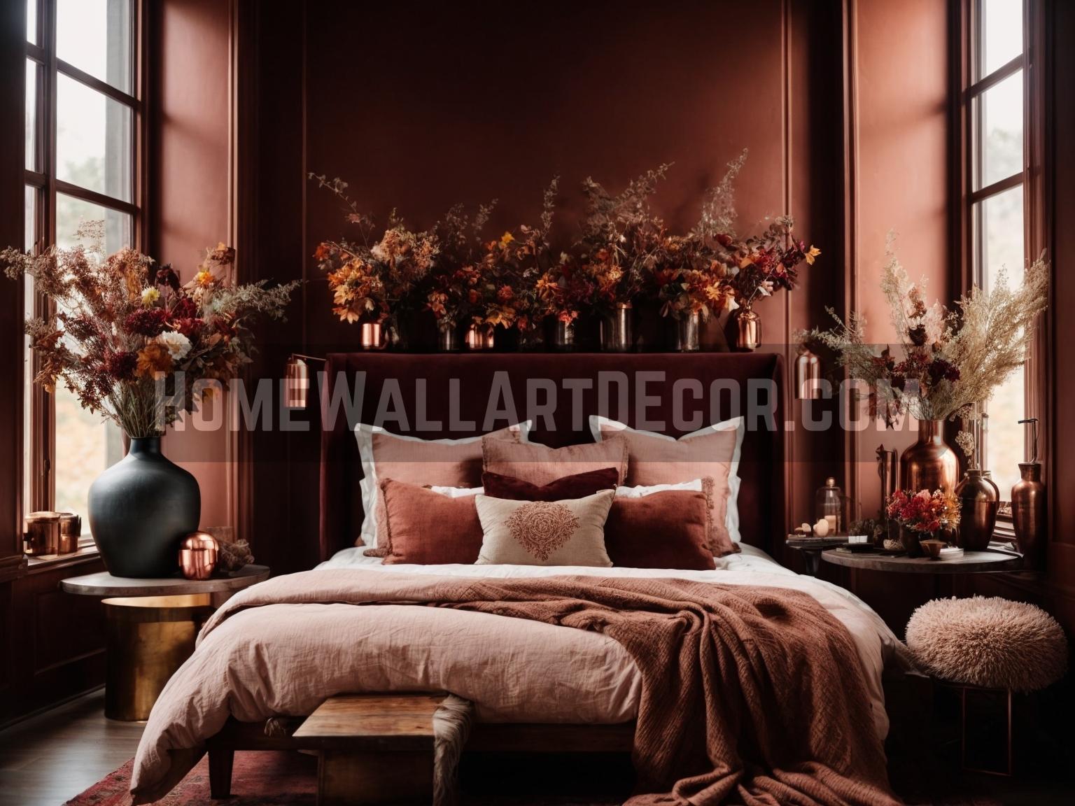 Dark Red Rustic Fall Farmhouse Bedroom