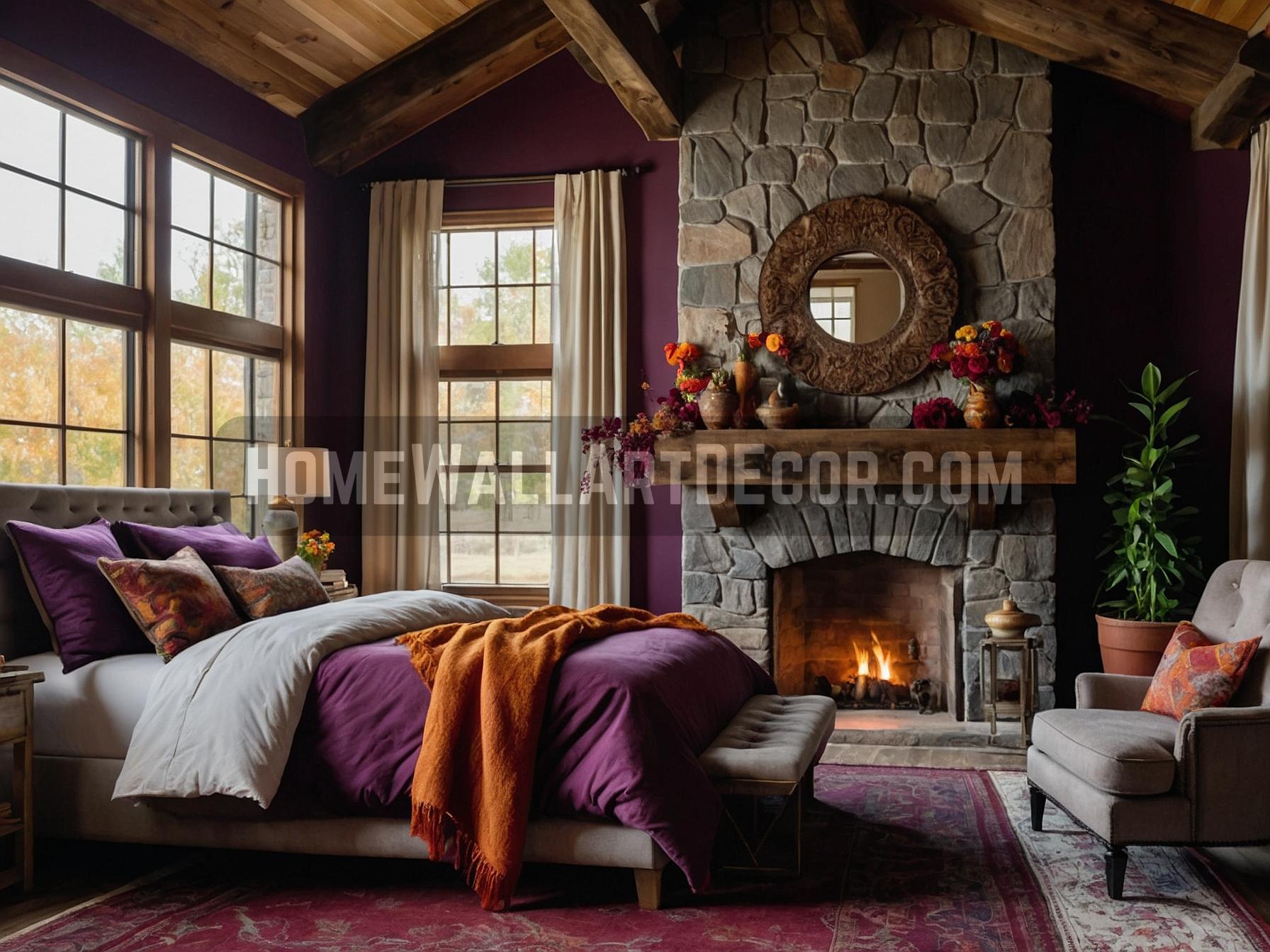 Richly Colored burnt orange and warm purple fall farmhouse bedroom