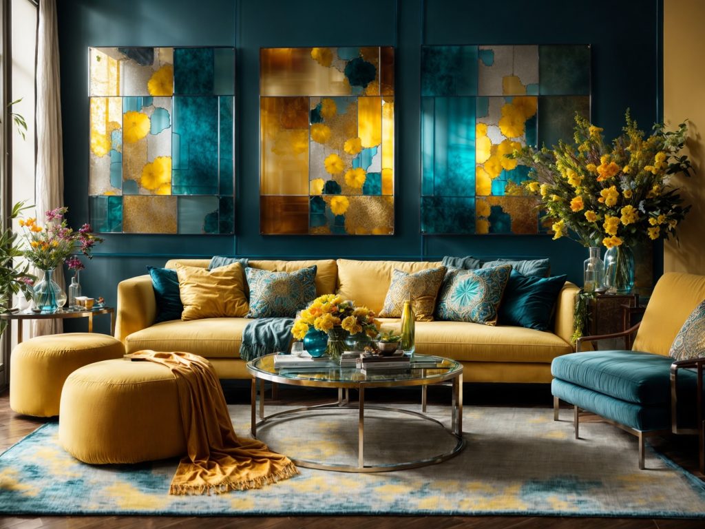 Dreamy Blue and Yellow Themed Living Room featuring Blue Wall Art