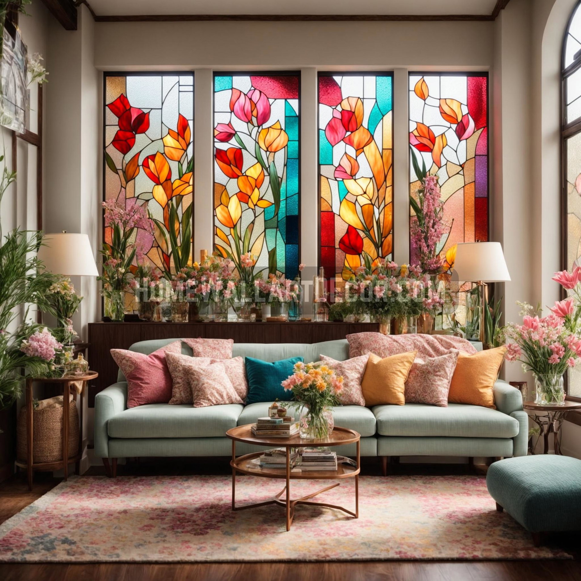 Beautiful living room featuring stained glass multipanel wall art