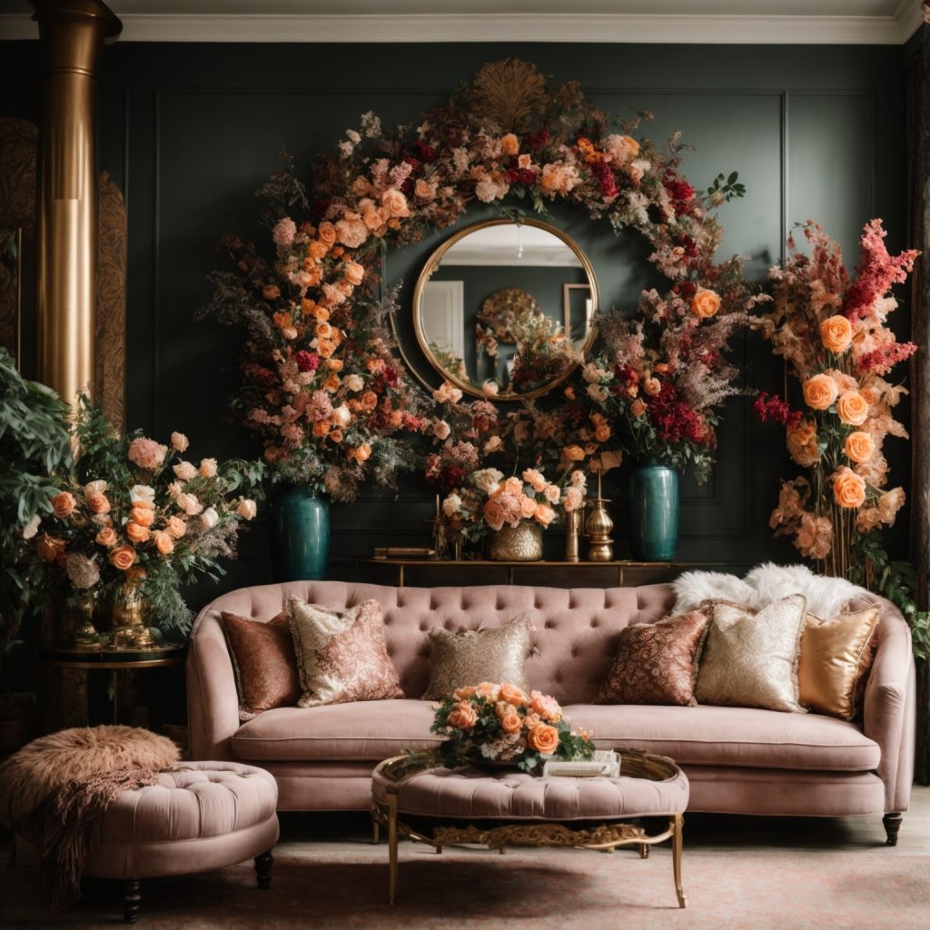 Gorgeous living room featuring floral metal wall art