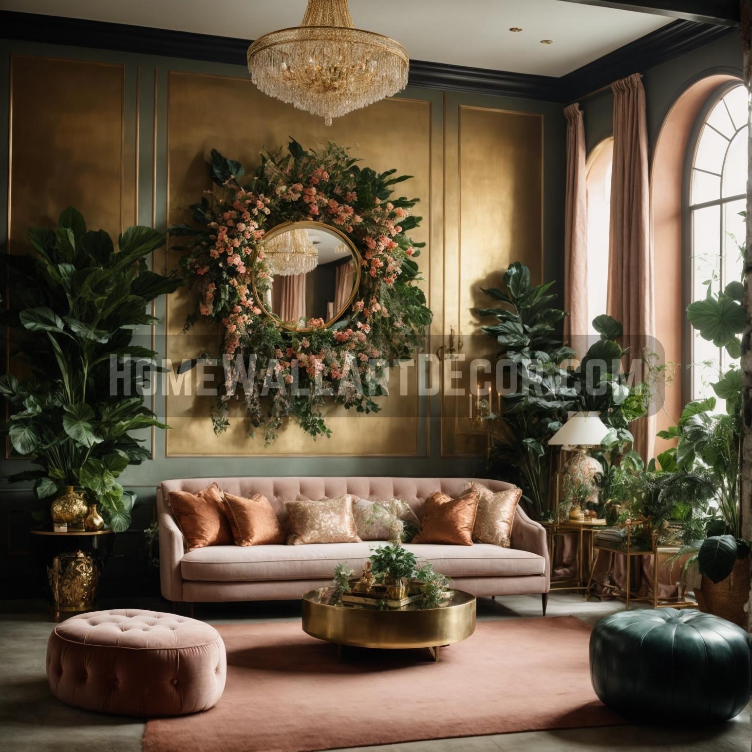 Elegant Living room Featuring floral metal wall art