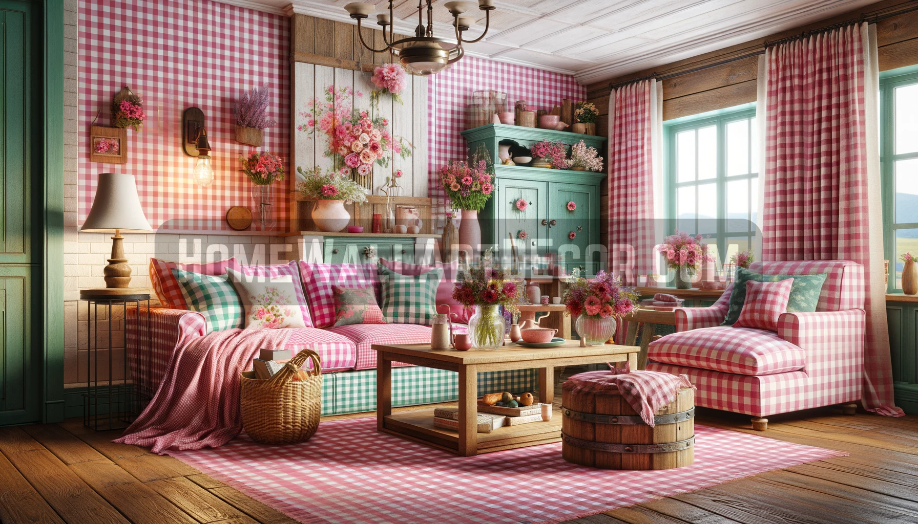 Gingham Living Room featuring floral wall art