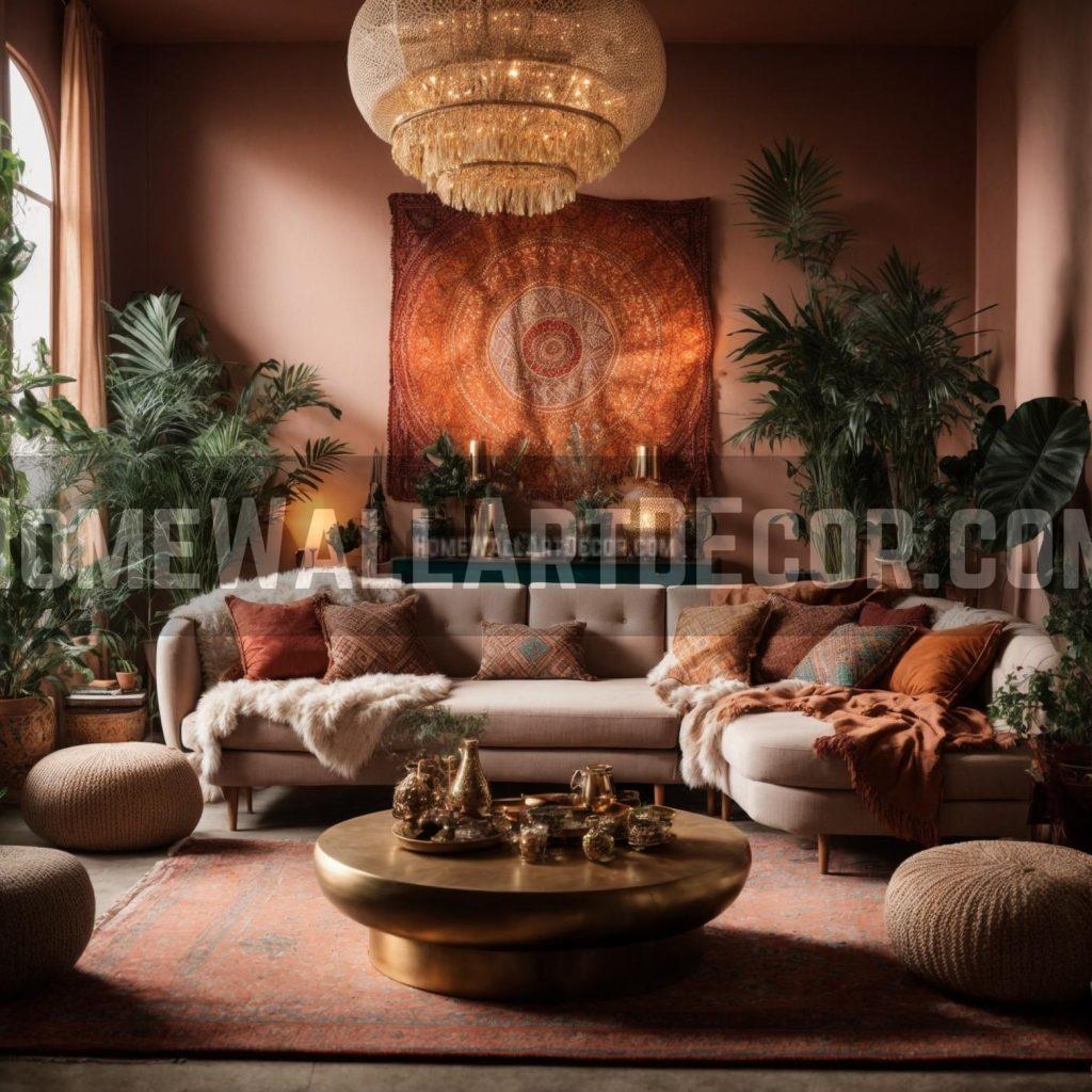 Warm eclectic Living Room featuring elegant wall tapestry hangings