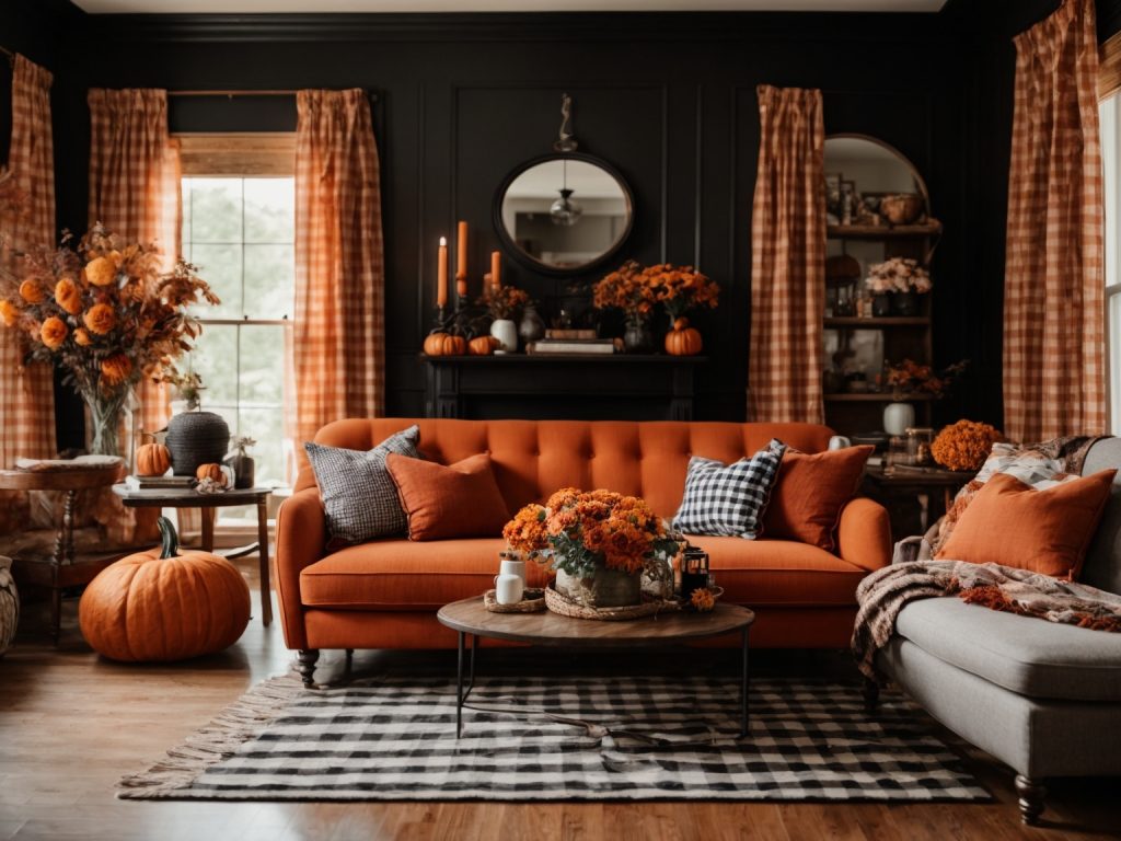 Dream Fall Farmhouse Pumpkin Themed Living Room Interior Design Idea Featuring Black and Orange Gingham