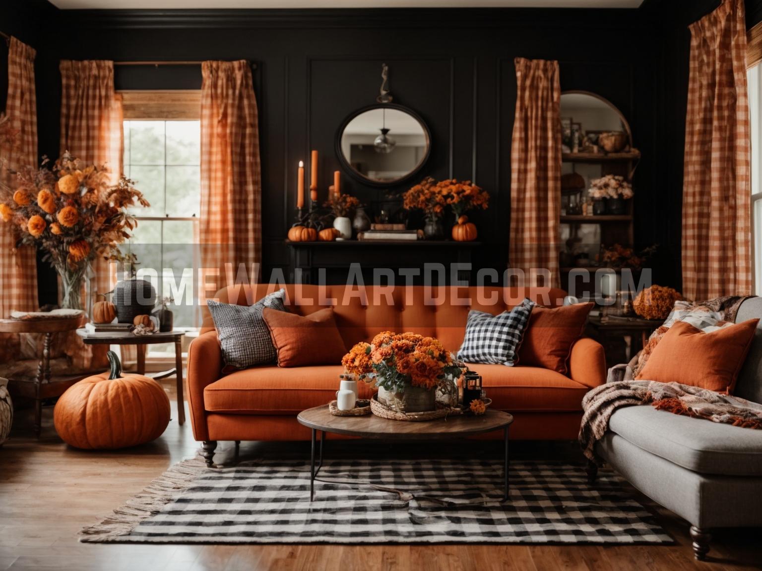 Dream Fall Farmhouse Pumpkin Themed Living Room Interior Design Idea Featuring Black and Orange Gingham