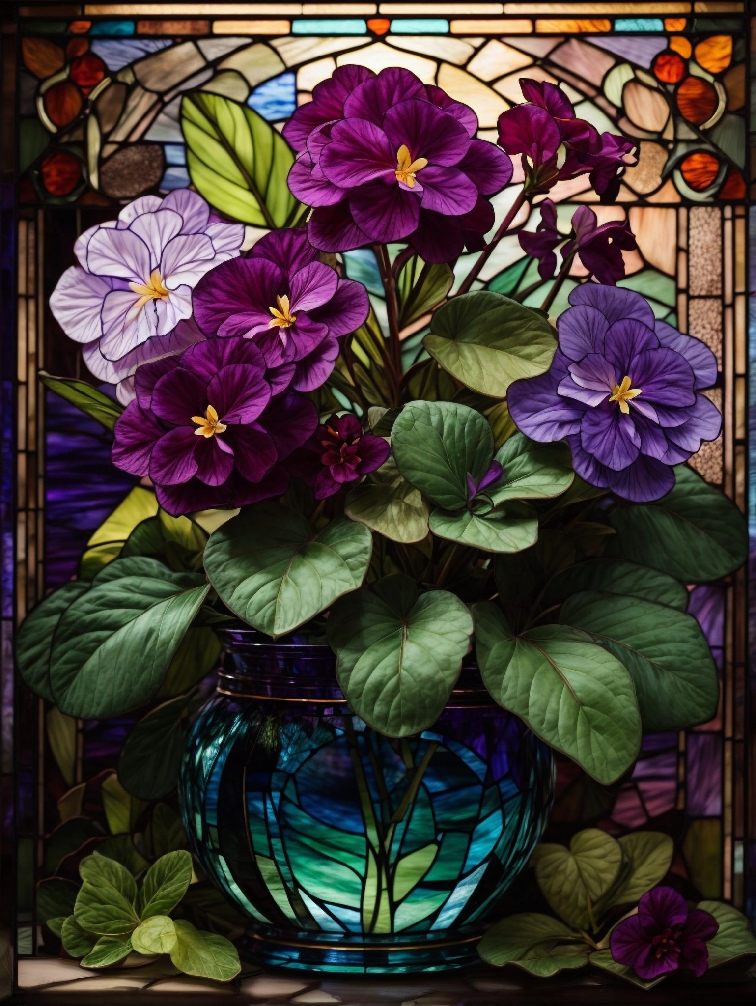 Hypnotic Stained Glass African Violets Wall Art by Pamela Arsena