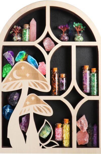 Mushroom Wall Art - Wooden Floating Shelf for Crystals Stones and Oils