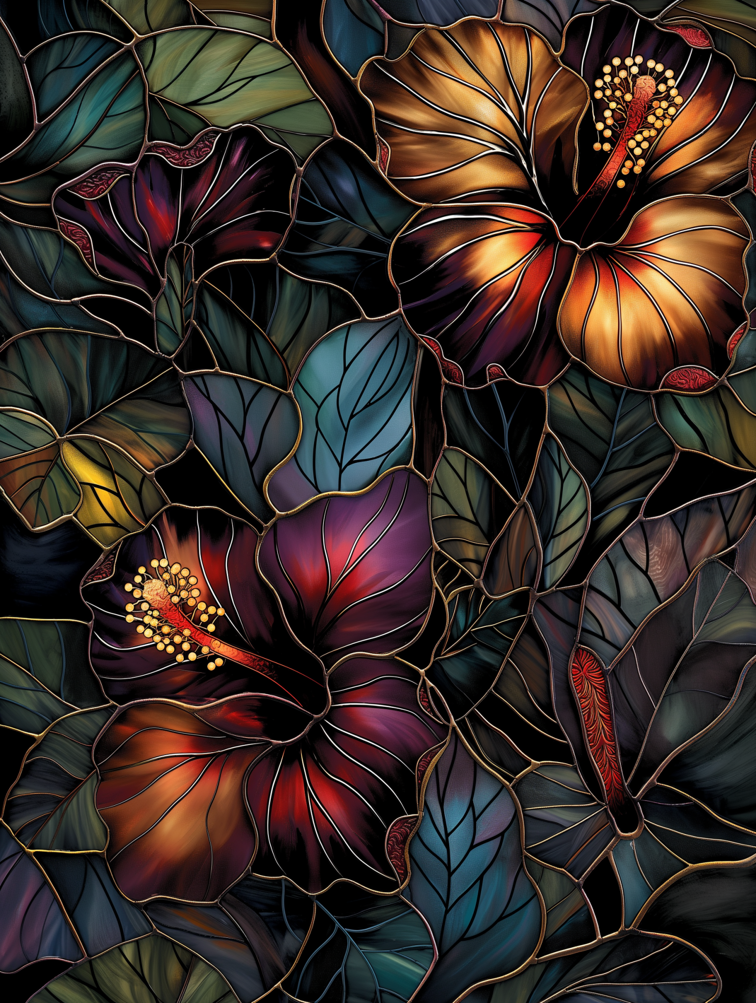 Blooming Teacups: Dark Floral Stained Glass Wall Art by Pamela Arsena