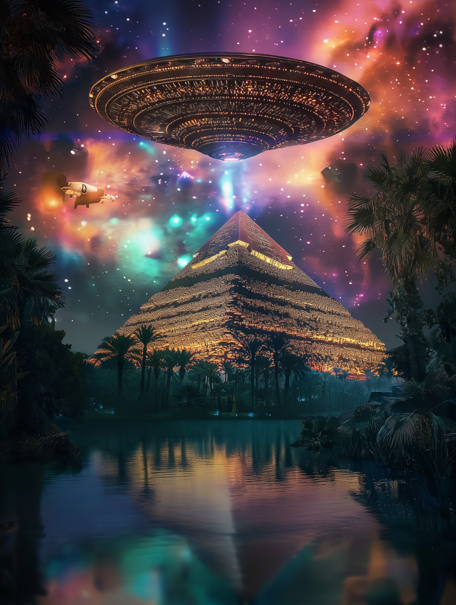 Moonlit Pyramid Mystique - UFO Egyptian Pyramid Wall Art by Pamela Arsena