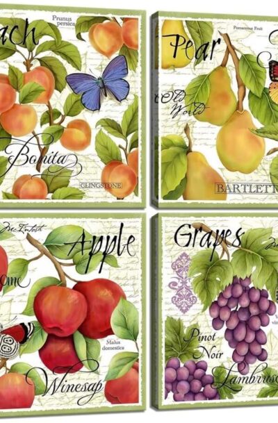 Charming Fruits Wall Art: Peach Pears Apples Grapes Wall Decor